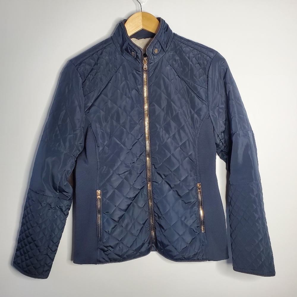 Cavalini blue faux leather trim jacket with gold tone hardware Size Petite Med